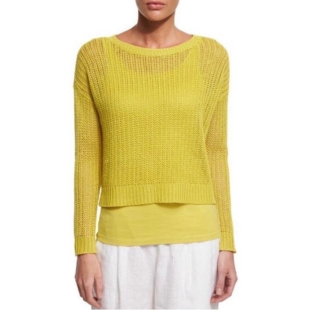 EILEEN FISHER YELLOW GOLD OPEN WEAVE ORGANIC LINEN CREW LAYER SWEATER TOP
